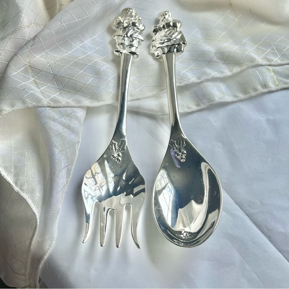 VTG Santa and Mrs. Clause Silver Plated Serving Spoon and Fork Dining Set